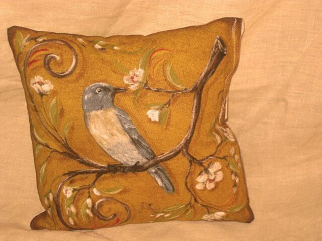 Shabby Chic Fun Throw Pillow With Bird Motif French Market Design Floral Handmade Mustard Yellow - image 1