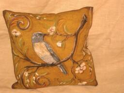 Shabby Chic Fun Throw Pillow With Bird Motif French Market Design Floral Handmade Mustard Yellow - thumbnail 1