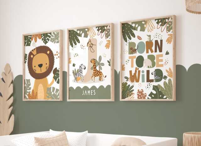 Set Of 3 Personalised Safari Animals Prints, Lion Jungle Print, Born To Be Wild Kids Art - image 1