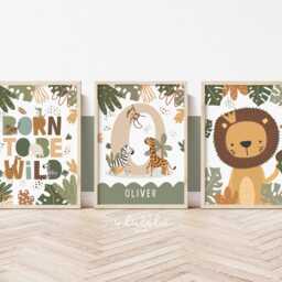Set Of 3 Personalised Safari Animals Prints, Lion Jungle Print, Born To Be Wild Kids Art - thumbnail 3