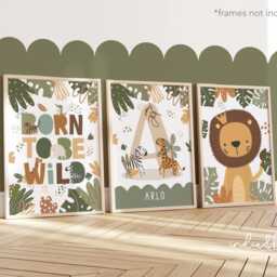 Set Of 3 Personalised Safari Animals Prints, Lion Jungle Print, Born To Be Wild Kids Art - thumbnail 2