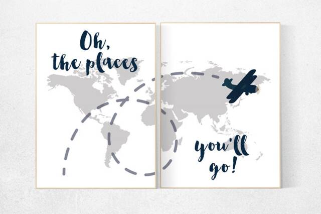 World Map Nursery Art Print Navy Gray Airplane Decor - image 1