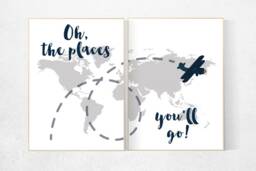 World Map Nursery Art Print Navy Gray Airplane Decor - thumbnail 1