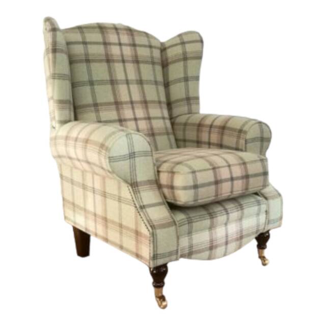 Queen Anne Wingback Chair Balmoral Sage Tartan, Brass Castor Legs - image 1