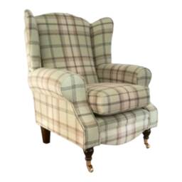 Queen Anne Wingback Chair Balmoral Sage Tartan, Brass Castor Legs - thumbnail 1