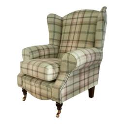Queen Anne Wingback Chair Balmoral Sage Tartan, Brass Castor Legs - thumbnail 3