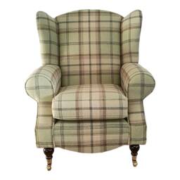 Queen Anne Wingback Chair Balmoral Sage Tartan, Brass Castor Legs - thumbnail 2