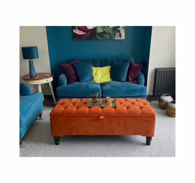 Tufted Plush Velvet Storage Ottoman Blanket Toy Box With Black Wooden Legs Coffee Table - image 1