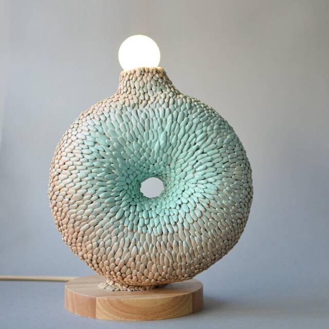 Handcrafted Beige Ceramic Table Lamp, Pastel Scale Pattern, Modern Bedside Lighting, Minimalist Nightstand Decor - image 1