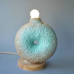 Handcrafted Beige Ceramic Table Lamp, Pastel Scale Pattern, Modern Bedside Lighting, Minimalist Nightstand Decor - thumbnail 2