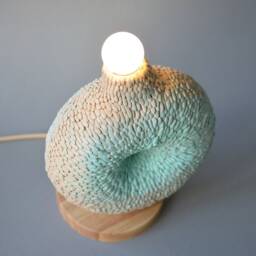 Handcrafted Beige Ceramic Table Lamp, Pastel Scale Pattern, Modern Bedside Lighting, Minimalist Nightstand Decor - thumbnail 3