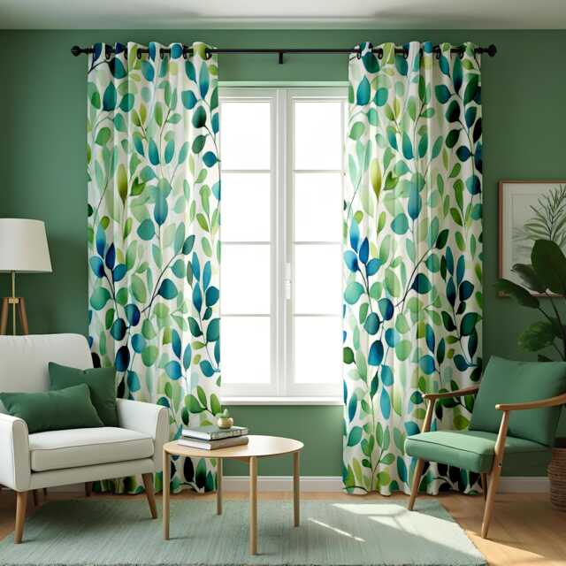 Blue & Green Leaf Print Curtains, Watercolor Botanical Drapes, Modern Tropical Style Window Panels - image 1