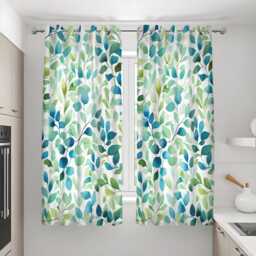 Blue & Green Leaf Print Curtains, Watercolor Botanical Drapes, Modern Tropical Style Window Panels - thumbnail 2