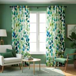 Blue & Green Leaf Print Curtains, Watercolor Botanical Drapes, Modern Tropical Style Window Panels - thumbnail 1