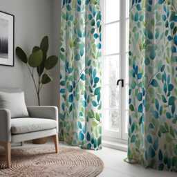 Blue & Green Leaf Print Curtains, Watercolor Botanical Drapes, Modern Tropical Style Window Panels - thumbnail 3