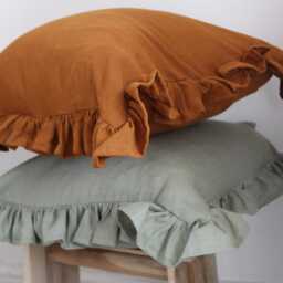 Terracotta Ruffle Linen Cushion With Duck Feather Insert 45x45cm, Brown Frilly Soft Pillow, Rust Frill Throw Pillow Cover - thumbnail 3