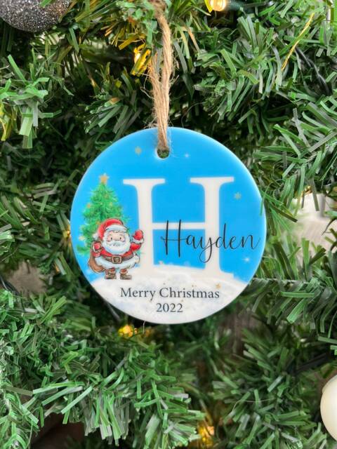 Personalised Initial Ceramic Christmas Bauble, Santa Ornament - image 1