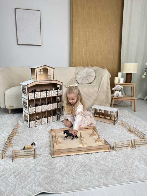 Wooden Horse Stable Toy Set With Riding Arena & Fences, Personalized 3 Level Barn, Gift For Kids From Godmother, Christmas - image 1