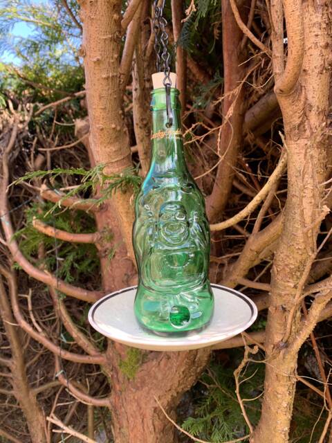 Upcycled Buddha Beer Bottle Bird Feeders With Ceramic Plate As A Base. Makes Unique Home/Garden Gift. Home Decor. Quirky Gift - image 1