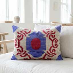 Handwoven Silk Velvet Ikat Pillow Uzbeki Cushion - 15x22