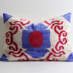 Handwoven Silk Velvet Ikat Pillow Uzbeki Cushion - 15x22 - thumbnail 2