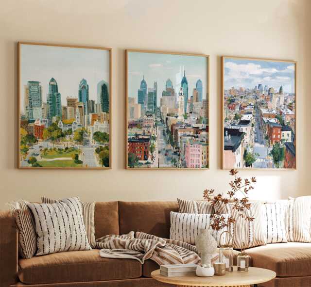 Philadelphia Pennsylvania Poster Set Of 3 City Travel Wall Art Usa Skyline Liberty Bell Prints, Vintage Minimalist Style - image 1