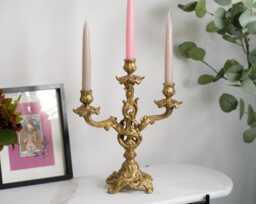 Hand Gilded Ornate Golden Triple Candelabra - thumbnail 1