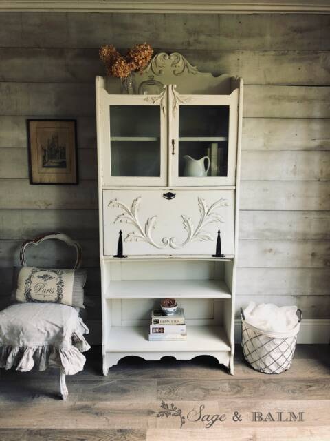 Sold - Shabby Chic White & Grey Antique Secretary Desk Bookshelf Distressed Painted Furniture Painted Bookcase White Computer - image 1