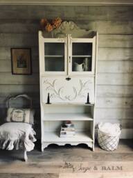 Sold - Shabby Chic White & Grey Antique Secretary Desk Bookshelf Distressed Painted Furniture Painted Bookcase White Computer - thumbnail 1