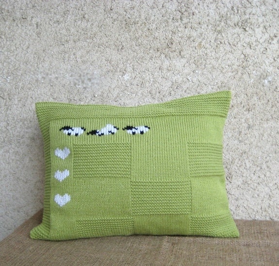 Decorative Sheep Heart Pillow Case, Lumbar Apple Green Cushion, Knitted Embroidery Wool Acrylic Rustic Home Decor, 12 X 16 - image 1