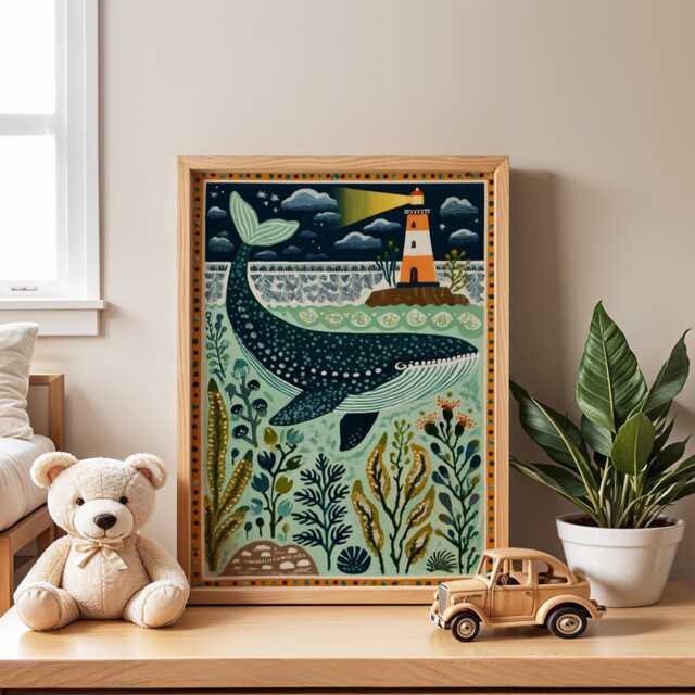 Whale in The Sea Nursery Poster - Ocean Wall Art For Kids Room Coastal Animal Print Bedroom Or Playroom Gift - image 1