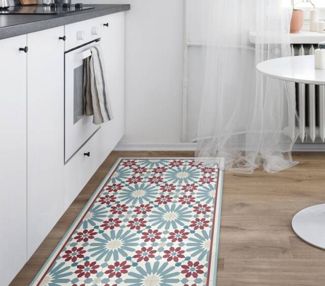 Vinyl Runner Rug With Moroccan Tiles in Blue & Dark Red. Hallway Runner, For The Kitchen. Rug, Vintage Rug. Art Mat - image 1