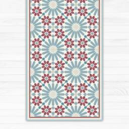 Vinyl Runner Rug With Moroccan Tiles in Blue & Dark Red. Hallway Runner, For The Kitchen. Rug, Vintage Rug. Art Mat - thumbnail 2