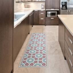 Vinyl Runner Rug With Moroccan Tiles in Blue & Dark Red. Hallway Runner, For The Kitchen. Rug, Vintage Rug. Art Mat - thumbnail 3
