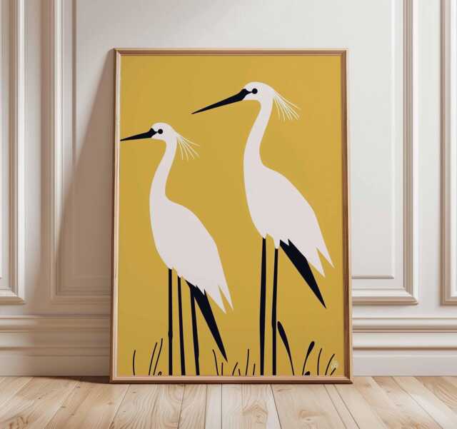 Minimalist Crane Art Print, Modern Bird Wall Decor, Yellow Heron Couple Poster, Japanese Style Wildlife Illustration, Elegant Nature