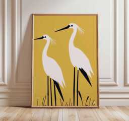 Minimalist Crane Art Print, Modern Bird Wall Decor, Yellow Heron Couple Poster, Japanese Style Wildlife Illustration, Elegant Nature - thumbnail 1