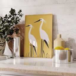 Minimalist Crane Art Print, Modern Bird Wall Decor, Yellow Heron Couple Poster, Japanese Style Wildlife Illustration, Elegant Nature - thumbnail 2