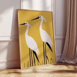 Minimalist Crane Art Print, Modern Bird Wall Decor, Yellow Heron Couple Poster, Japanese Style Wildlife Illustration, Elegant Nature - thumbnail 3