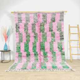 Authentic Pink & Green Moroccan Rug, Geometric Shag Custom Made Berber Carpet, Vibrant Boho Area Wool Beni Ouarain Style - thumbnail 1