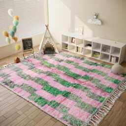 Authentic Pink & Green Moroccan Rug, Geometric Shag Custom Made Berber Carpet, Vibrant Boho Area Wool Beni Ouarain Style - thumbnail 3