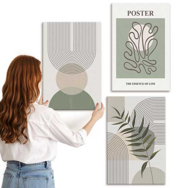 Canvas Set Of 3 - Geometric Botanical Patterns Poster, Green Wall Art Print, Abstract Decor - image 1