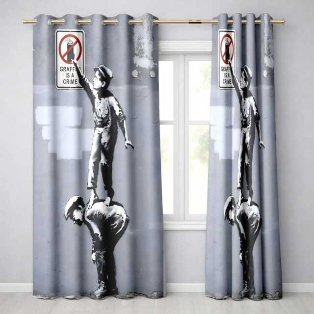 Children Reaching Graffiti Warning Sign Urban Stencil Vibrant Artistic Home Decor Readymade Eyelet Ring Top Thermal 100% Blackout Curtains - image 1