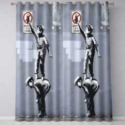 Children Reaching Graffiti Warning Sign Urban Stencil Vibrant Artistic Home Decor Readymade Eyelet Ring Top Thermal 100% Blackout Curtains - thumbnail 3