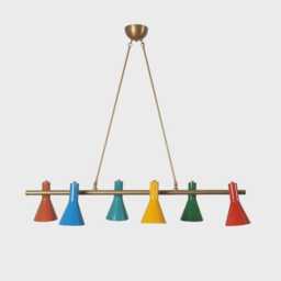 Mid-Century Modern Brass Sputnik Chandelier, Multi-Color Shades - thumbnail 1