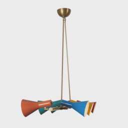 Mid-Century Modern Brass Sputnik Chandelier, Multi-Color Shades - thumbnail 2