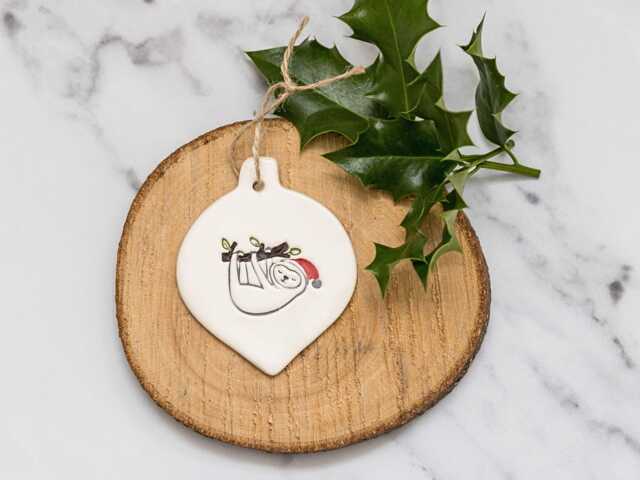 Sloth With Santa Hat, Handmade Ceramic Christmas Tree Decoration, Present For Lover, Gift, Xmas Bauble - image 1