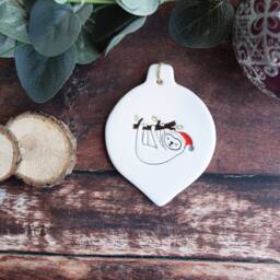 Sloth With Santa Hat, Handmade Ceramic Christmas Tree Decoration, Present For Lover, Gift, Xmas Bauble - thumbnail 2