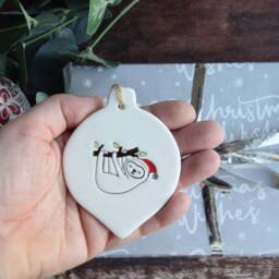 Sloth With Santa Hat, Handmade Ceramic Christmas Tree Decoration, Present For Lover, Gift, Xmas Bauble - thumbnail 3