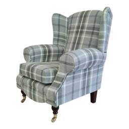 Queen Anne Wingback Chair Balmoral Dove Grey Tartan, Brass Castor Legs