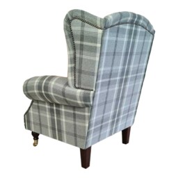 Queen Anne Wingback Chair Balmoral Dove Grey Tartan, Brass Castor Legs - thumbnail 3